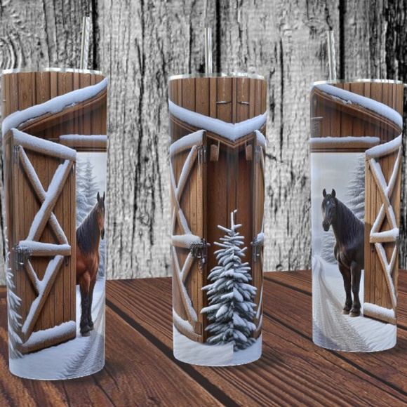 Horses with Winter Scene and Barn 20 oz Skinny Tumbler - Picture 2 of 5